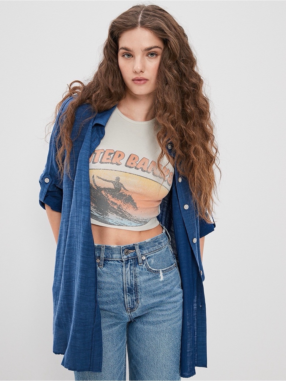American Eagle AE Go Big Beach Shirt Blue Oversized Button-Up Shirt XL Flowy
